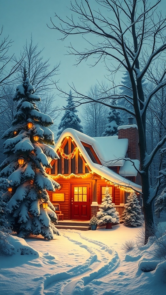 Festive Christmas Background A winter scene with a cabin decorated for Christmas, surrounded by snow-covered trees and twinkling lights.